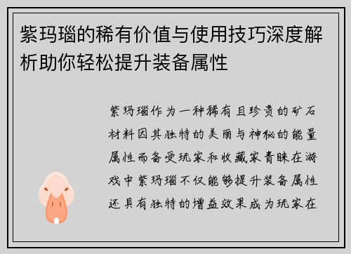 紫玛瑙的稀有价值与使用技巧深度解析助你轻松提升装备属性